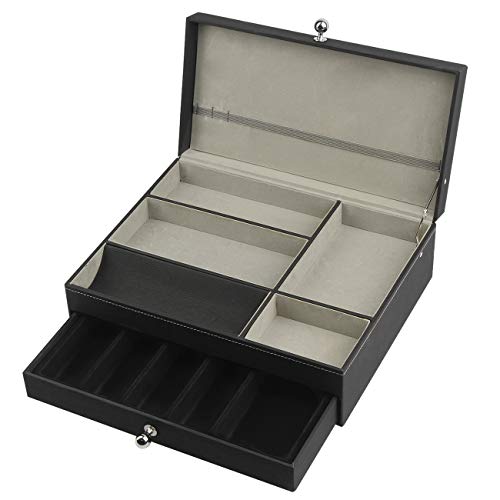 JACKCUBE DESIGN Night Stand Organizer men Black Leather Jewelry Box Catch all Valet