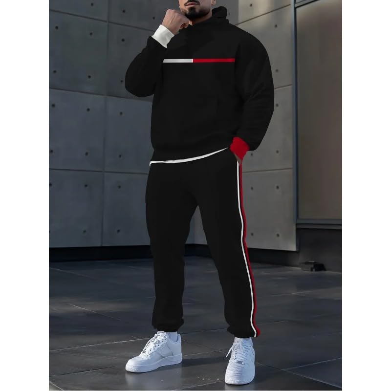 Men's printed spliced long sleeved hooded sweatshirt and pants two-piece casual street fashion jogging set4