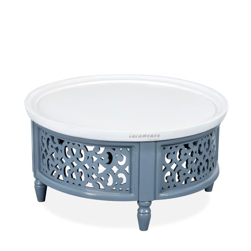 Image of Wooden Carved Coffee Table for Living Room | Center Table for Living Room Furniture | Solid Wood Round Tea Table for Home | Durable & Stylish Coffee Table for Home, Bedroom & Office (Grey)