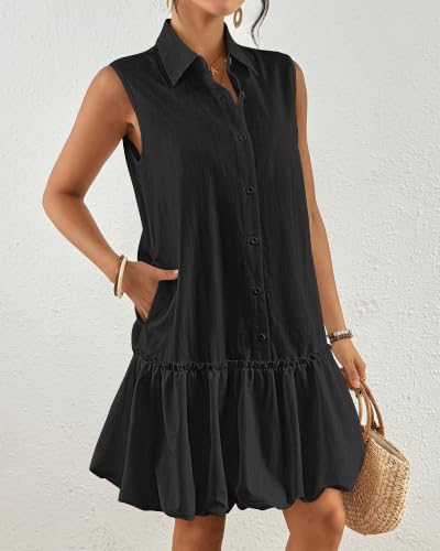 Image of Bsubseach Womens Casual Summer Dresses Sleeveless Linen Bubble Mini Short Dress Button Down Shirt Sundress with Pockets