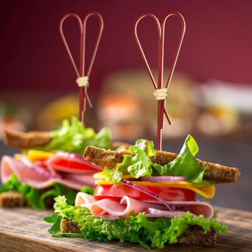 Image of Somani Decorative Bamboo Cocktail Picks Red Heart Loop | Bamboo Strip Heart Topper Food Picks for Appetizers, Drinks & Garnish | Cafe, Lounge, Bakery, Catering & Home Entertaining | Pack of 100