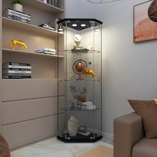 Image of LFT HUIMEI2Y 4-Tier Glass Corner Cabinet with LED&Lock, Display Case Black