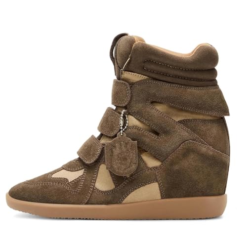 Dsevht Hidden Wedge Sneakers for Women High Top Fashion Sneaker Suede High Heel Platform Tennis Triple Strappy Band Casual Vintage Dressy Comfy Campus Trendy Retro Sneaker Taupe