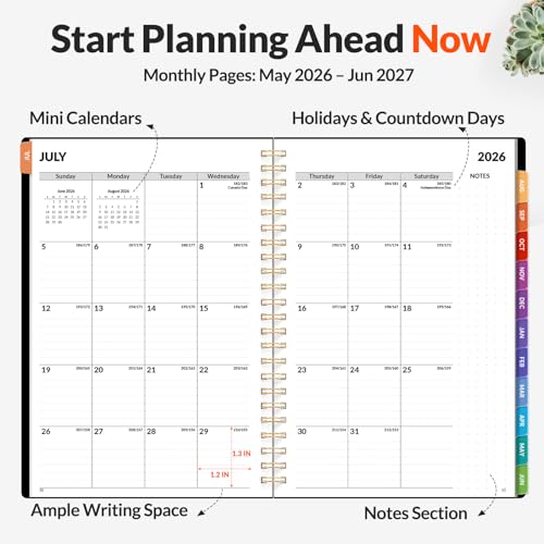 SUNEE Academic Planner 2026-2027 – Weekly & Monthly Planner, July 2026 to June 2027, 6.4\"x8.3\", Thick Paper, Tabs, Pockets, Bookmark, Spiral-Bound, Student Teacher Organizer, Black