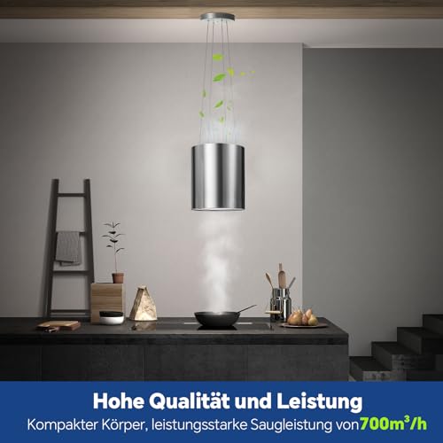 SNDOAS Dunstabzug, Insel Dunstabzugshaube Umluft 700 m³/h mit Aktivkohlefilter, 35cm, 3 Stufen, 5 Minuten Nachlauf, LED-Licht für Moderne Inselhauben, Edelstahl