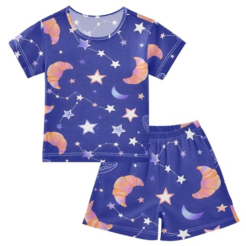 Pajama Short Sets Croissant Stars Moon Constellations Soft Cotton Summer Sleepwear 2 Piece PJS Size 5-14T