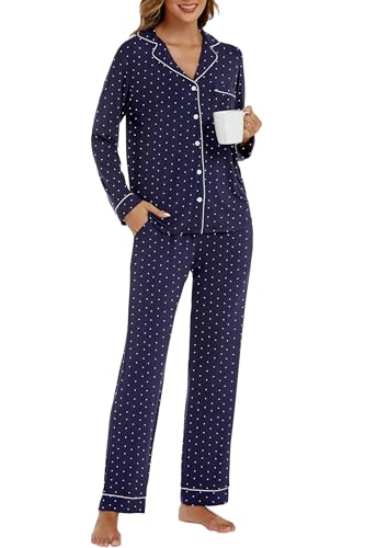 Image of LUBOT Womens Bamboo Viscose Pajamas Set 2 Piece PJs Set for Women Buttery Soft Button-Down Long Sleeve Cozy Printed Sleepwear Loungewear (Navy Blue Dot, S)