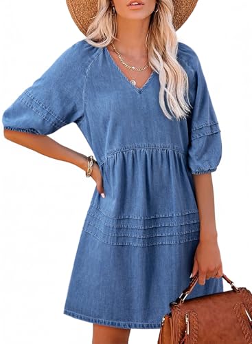 Dokotoo Women's Denim Dress Casaul V Neck Short Sleeve Puff Sleeve Cute Babydoll Mini Jean Dress for Women Spring Fashion Back Tie Cotton Fabric Outfits Solid Trendy Flowy Denim Dresses Dusk Blue L