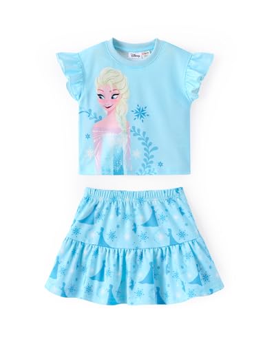 Disney Frozen Elsa Toddler Girl 2 Piece Outfit Ruffle Short Sleeve Skirt Set Ruffle Top & Skort Birthday Party Dress Theme Park Costume Summer Beach Holiday Clothes Kids Casual Gift Blue 3-4T