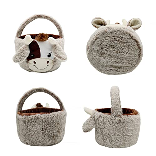 Image of Cute Plush Cow Easter Basket for Kids, Cow Easter Buckets with Plush Ear, Candy Buckets Storage Tote Bag Easter Decorations (Cow Easter Basket, 7.9 inchL x 7.9 inchW x 9.8 inchH)