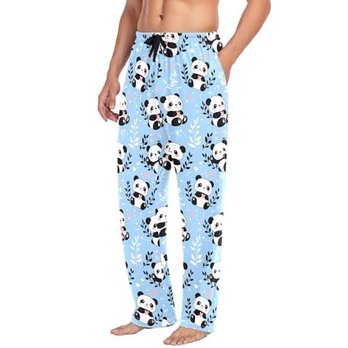 Men's Cute Cartoon Panda Pajama Pants with Pockets - Straight Fit Cotton Sleep Bottoms for Lounge & Nightwear#2574