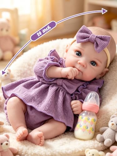 EKOKIZ Lifelike Reborn Baby Doll 20 Inch, Realistic Newborn Girl with Purple Dress & Soft Vinyl Limbs, Handmade Companion for Anxiety Relief, Dementia Therapy & Emotional Support — view 4