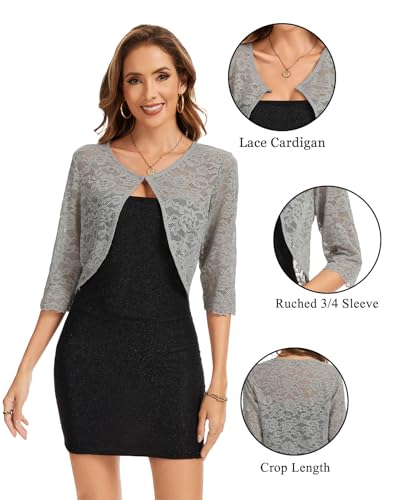 Image of MINTLIMIT Women's Elegant Floral Lace Shrug Bolero Summer Lightweight 3 /4 Sleeve Hook Open Front Cropped Cardigan for Dresses