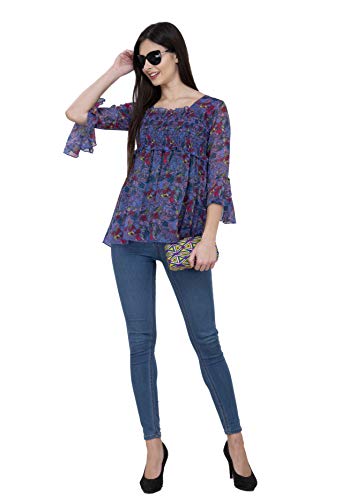 Image of POPWINGS Printed Chiffon Peplum Tops for Women || 3 /4th Sleeves Square Neck Women Tops for Summer || Stylish Western Smocking Women Tops