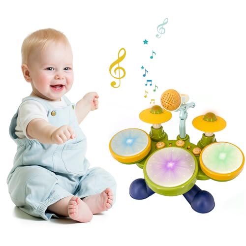 Image of Electronic Hand Drum Set for Toddlers with Microphone, Cymbals and Lights | Three light-up hand drums, two cymbals, songs and sound effects for musical play; requires 4 AA batteries, not included.