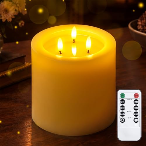 Bougie LED sans flamme haut de gamme en cire véritable avec trois mèches 3D