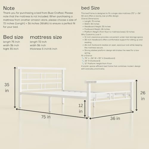Image of Single Size Metal Bed Frame | SingleSize Metal Bed | Heavy Duty Iron Bed | Steel Bed Single Size | Single Cot | Iron Cot Single | White Metal Bed | Platform Bed |No Box Spring Needed Bedroom Furniture