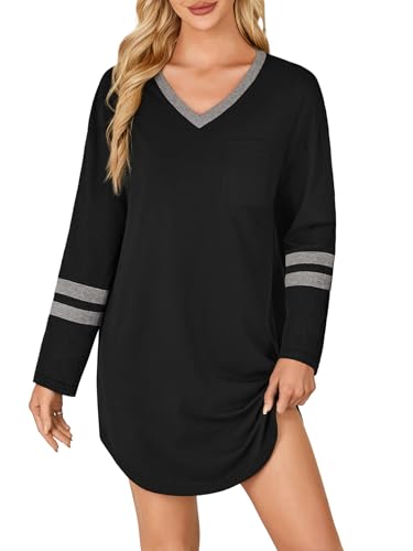 KIFOVEN Womens Cotton Nightgown Long Sleeve V Neck Sleepshirts Comfy Nightshirt for Women Casual Sleep Wear Dress Black Medium
