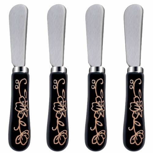 Siutco Butter Knife Set, 5.2 inch Cheese Spreader, Stainless Steel with Ceramic Handle, Floral Design, 4-Piece Set (4-pack)