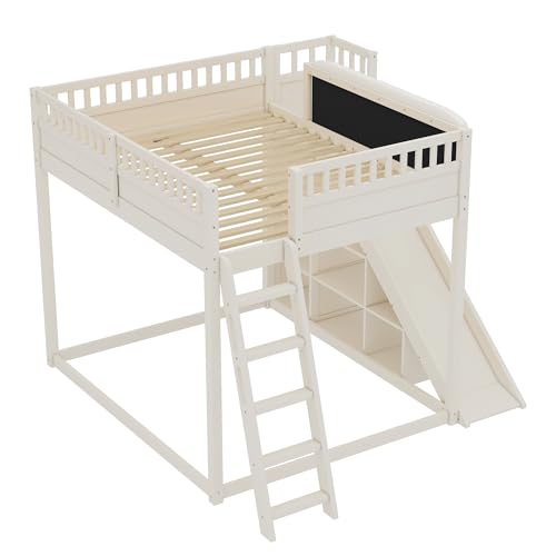 Image of Bellemave Bunk beds Queen Over Queen with Slide and Stair and upholstered Board, Low bunk /loft Bed for Kids,Beige