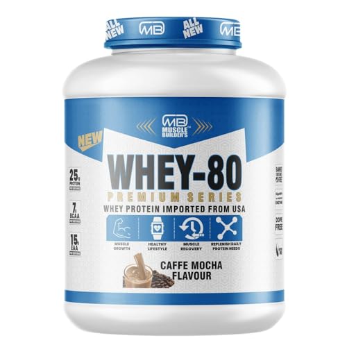 Image of M B Muscle Builder's Whey Protein Powder with added digestive enzymes | Sports & Protein Supplements | Protein 24g & BCAA 6g per serving - 4.4 lb, Caffe Mocha Flavour