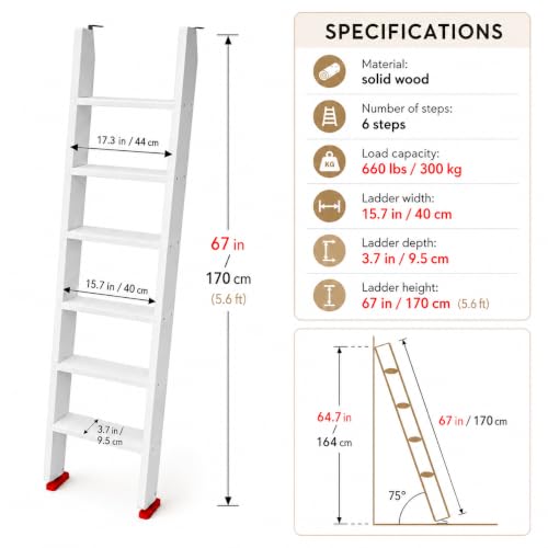 Image of 50 inch 55 inch 60 inch Black Wood Bunk Bed Ladder, Lofted /Dorm /RV Bed Bunkbed Ladders with 4in Extra Wide Steps and Non-Slip Pads, Replacement Wooden Ladder for Motorhome /Camping (White, 67in /170cm)
