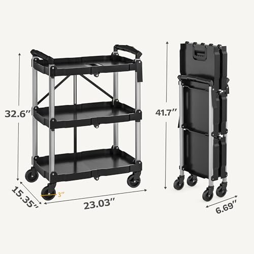 Image of DWVO 3-Tier Foldable Service Cart with Swivel Wheels & Brake, 240LBS | Folding Utility Cart Heavy Duty Collapsible Rolling Cart, 240LBS Portable Utility Cart for Kitchen, Warehouse, Garage