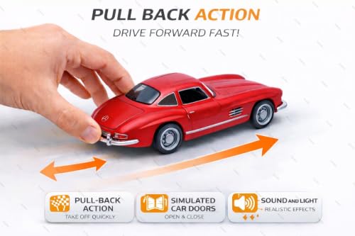 Image of Mercedes Vintage Diecast Toy Car -1:36 Scale Pull Back Metal Classic Car Model with Openable Doors, LED Lights & Music - Alloy Mini Vehicle Gift for Kids, Boys & Collectors【RED】