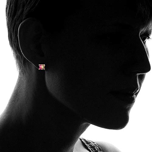 Devin Rose Sterling Silver Emerald Shaped Simulated Watermelon Tourmaline Stud Earrings for Women Horizontal3