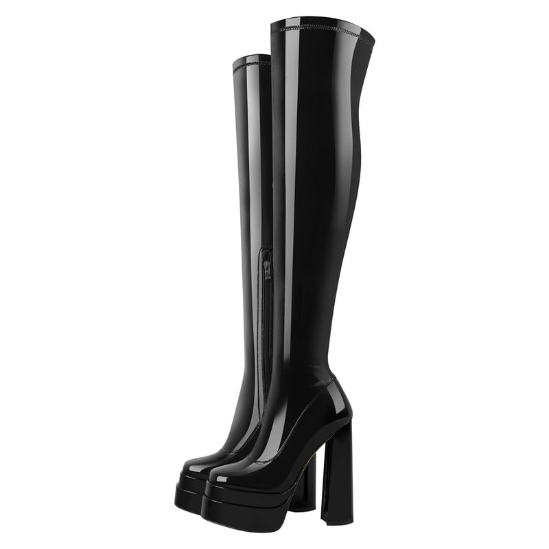 onlymaker Women's Chunky High Heeled Double Platform Zip up Over the Knee Boots
