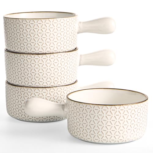 Gooditour French Onion Soup Bowls - 20 Oz Ceramic Soup Crocks with Handles - Embossed Stoneware Bowls for Soup Chili Beef Stew - Microwave Dishwasher Oven Safe - Set of 4 flower Pattern