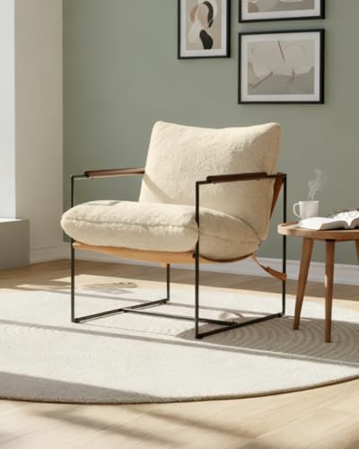 Karl home Modern Accent Chair Plush Fleece Upholstered Living Room Chair with Metal Frame Wooden Armrest Comfy Lounge Armchair for Living Room, Bedroom, Balcony, Reading Room, Khaki