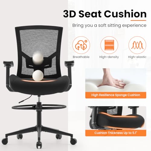 Image of 500lbs Drafting Chair,Big and Tall Office Chair for Standing Desk with Wide Seat,2D Adjustable Lumbar Support,Ergonomic Office Chair with Footrest for Home,Drawing or Counter Height Use