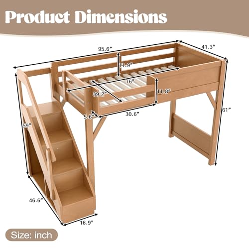 Image of KEIKI Solid Wood Twin Size Loft Bed Frame with Stairs, Built-in Wardrobe and Storage Space, Twin Loft Bed with Shelves, Full-Length Guardrails, No Box Spring Needed for Bedroom, Antique Natural