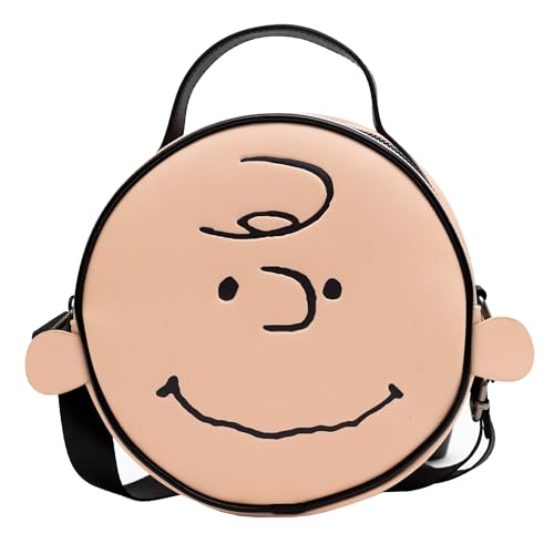Peanuts Vegan Leather Round Crossbody Bag with Adjustable Straps, Charlie Brown Smiling Face Character Close Up