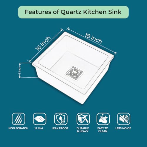 Image of BASINQU Quartz Sink for Kitchen | 18x16x9 Inches Grey Single Bowl Kitchen Sink | Granite UV Protected, Granite Scratch Resistant, Undermount /Topmount