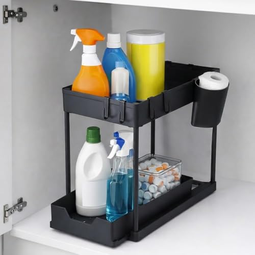 Image of 1 Pack Under Sink Organizers and Storage Pull Out Sliding Drawer, 2 Tier Multi-Purpose Kitchen Under The Sink Organizer Under Bathroom Sink Shelf Storage Rack for Countertop Laundry -Black
