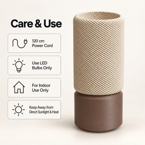 Image of Round Table Lamp | Table Lamp for Bedroom, Living Room and Study Room | Modern LED Bedside Table Lamp for Home Decor | Off-White and Dark Brown | 29.5 x 13 x 13 cm (Without Bulb)