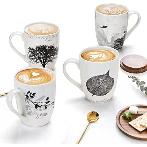 Set of 4 Coffee Mug Sets, 350ML/12 OZ Ceramic Coffee Mugs, Set with Different Tree Patterns Coffee Cup Cover