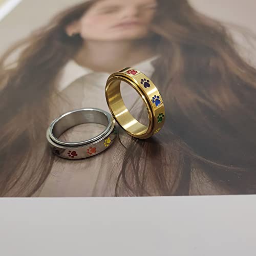 Stainless Steel Paw Print Spinner Ring for Anxiety Fidget Rings Relieving Stress Rotate Freely Cute Animal Enameled Engagement Wedding Band Jewelry Gift for Women Men Birthday Christmas Anniversary4