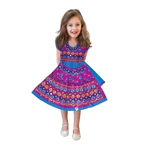 Baby Girl's Cotton Readymade Navratri Dandiya Garba Dress Lehenga Choli with Dupatta Set of 3 Costume Ethnic Wear Dress Girls Chania Choli Set/Traditional Dress(4 Year_Blue)