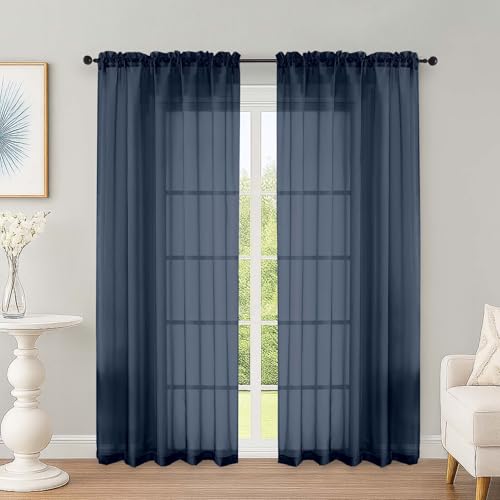 Image of OWENIE Navy Blue Sheer Curtains 72 Inches Long 2 Panels Set, Transparent Voile Sheer Curtain for Living Room Bedroom Window Sliding Glass Door Treatment, 59 x 72 Inch, Navy Blue