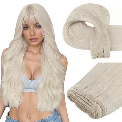 Image of Easyouth 22 Inch Weft Hair Extensions Human Hair Blonde Sew in Hair Extensions Real Human Hair White Blonde Soft and Smooth Human Hair Extensions Sew in for Women 100G