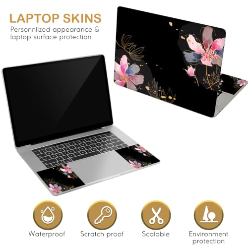 Image of DINKY Laptop Skin Sticker Decal 15.6 inch 15.4 inch 12 inch 13 inch 13.3 inch 14 inch 15 inch Laptop Universal Vinyl Skin Stickers Cover Art Decal Notebook PC Personalized Protector, Black Painted Flower