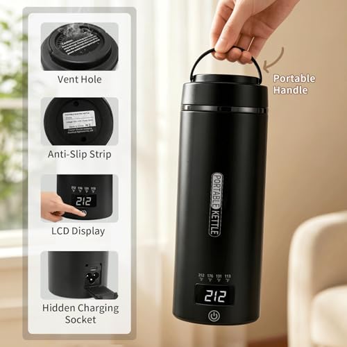 Image of Travel Electric Kettle Small, Smart Water Bottle with 4 temperature control, 450 mL Portable Self Heating Kettle with Leak-Proof for Dormitories, Offices, Business Travel Hotels, 120V
