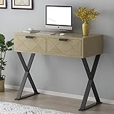 Lovinouse Writing Computer Desk with Drawers, Modern Makeup Vanity Simple Study Desks with Metal X Legs, PC Table Workstation for Small Space Home Office Bedroom