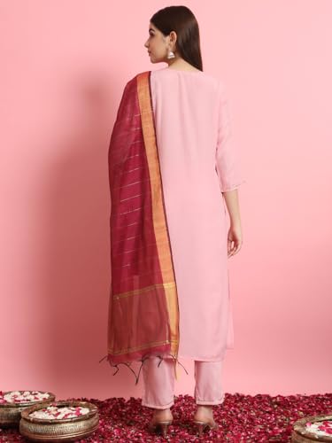 Image of VredeVogel Women's Silk Blend Embroidered Kurta with Pant & Viscose Print Dupatta Set