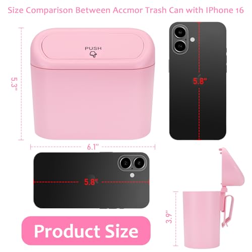 Image of Accmor Car Trash Can with Lid, 2 Pack Pink Mini Vehicle Trash Bin Dustbin Garbage Organizer Holder with Trash Bag, Small Hanging Leakproof Auto Storage Bag Container for Car SUV Home Office
