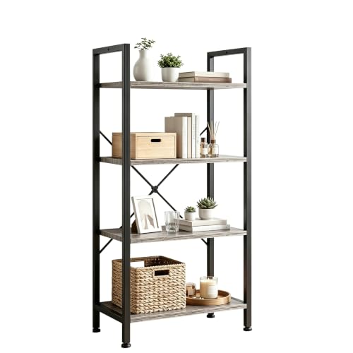 Image of HealSmart 4 Tier Bookshelf, Free Standing Book Shelf Home Office Bookcase Shelf Storage Organizer for Bedroom, Bathroom, Living Room, Office, Balcony, Gray Wood