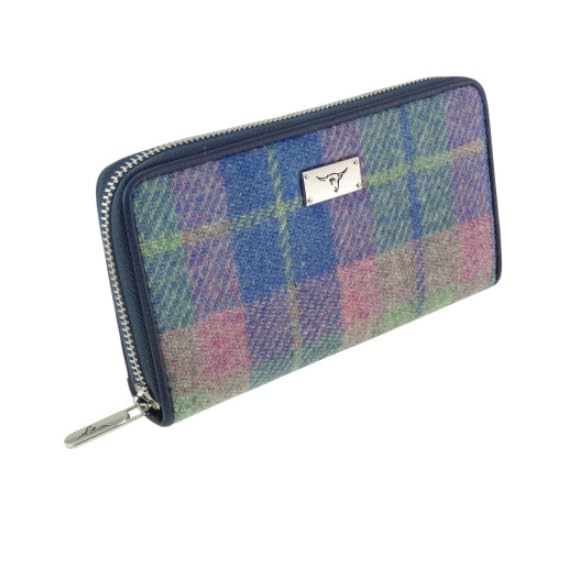 Pastel Blue Green Pink Tartan Check Harris Tweed Ladies Zip Round Purse Wallet, Pink, Contemporary